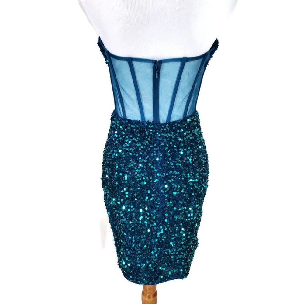 Alyce Paris Strapless Emerald Green Teal Velvet Corset Dress Side Slit HOCO Sz 2 - Picture 5 of 14